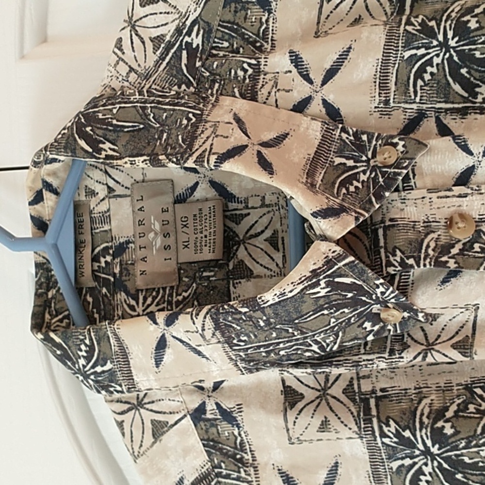 NATURAL ISSUE Men’s Hawaiian Beige/Blk Palm Pattern Button Short Sleeve Shirt XL